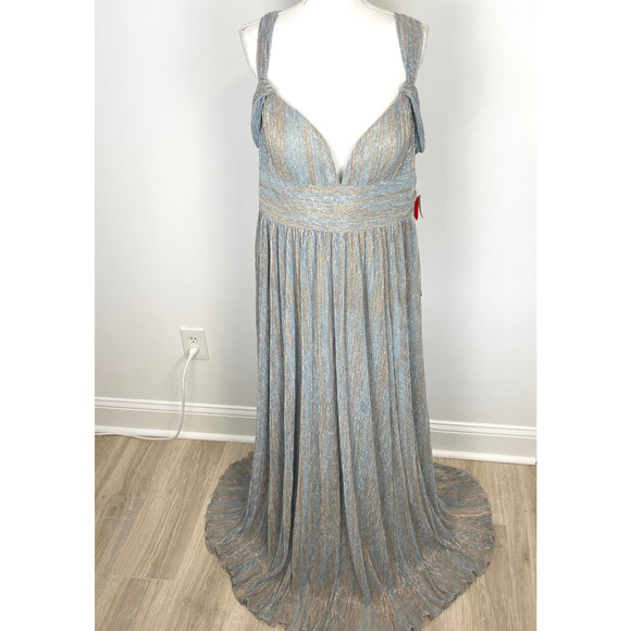 Mac Duggal Grecian Cold Shoulder Backless Gown In Golden Blue 26362 Size 14 New - Picture 2 of 16